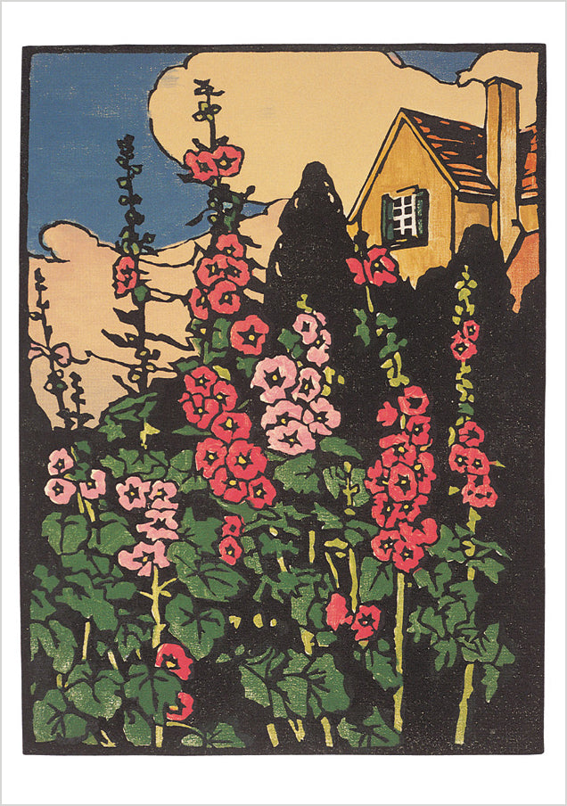 Arts and Crafts Block Prints by William S. Rice Boxed Notecard Assortment Interior Style 1 - Hollyhock Garden, c. 1925