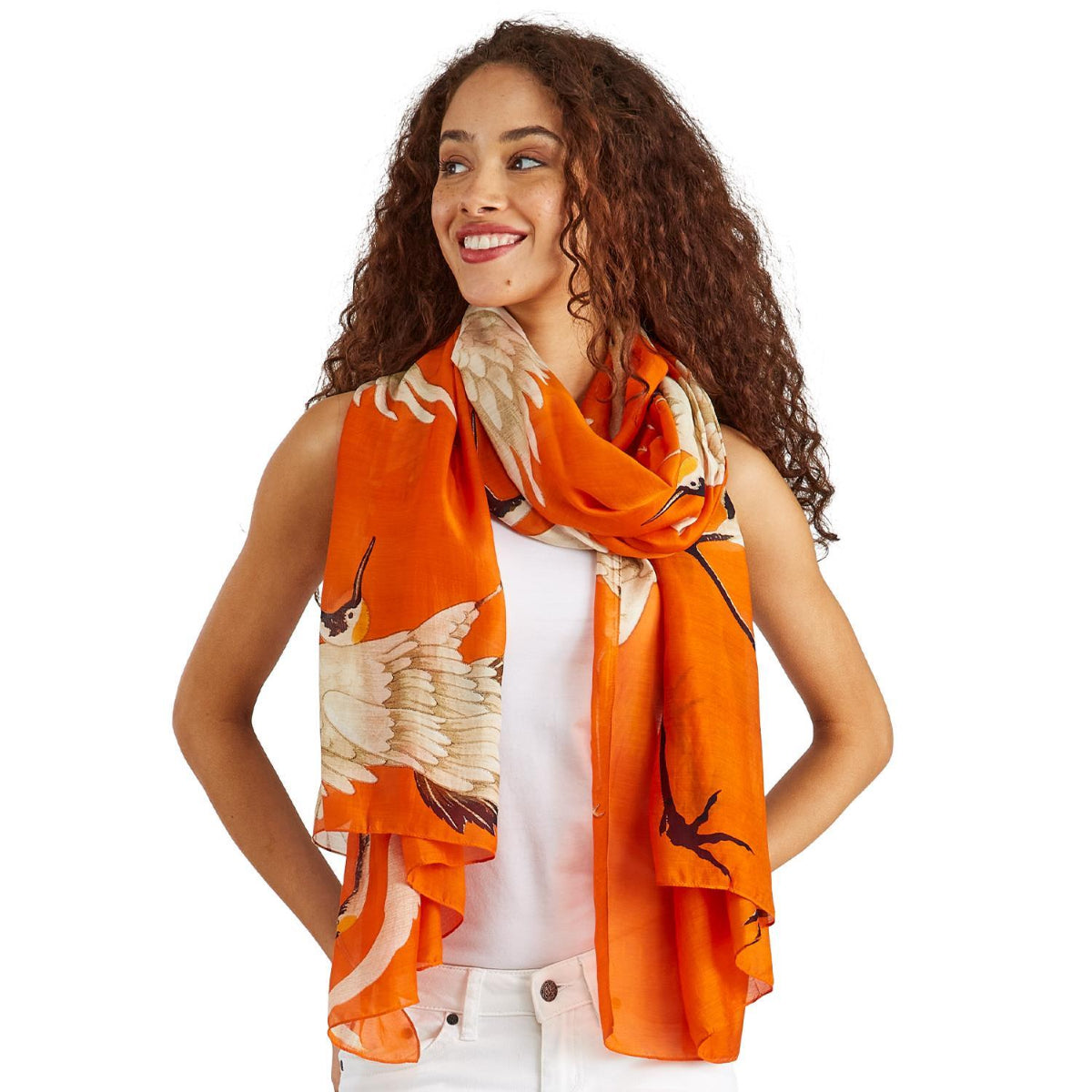 Great Heron Lightweight Printed Scarf in Tangerine Orange on Model