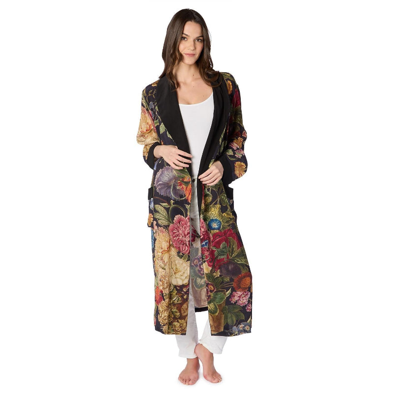 Primula Print Black Printed Silky Duster Robe on model