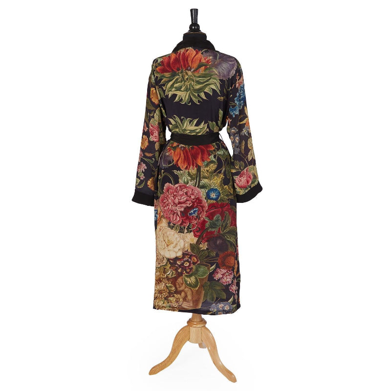 Primula Printed Silky Duster Robe in Black on mannequin back view