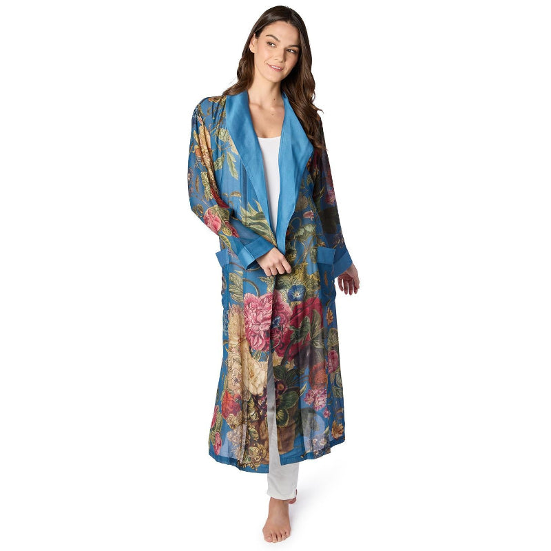 Primula Floral Print Silky Duster Robe in Teal on model