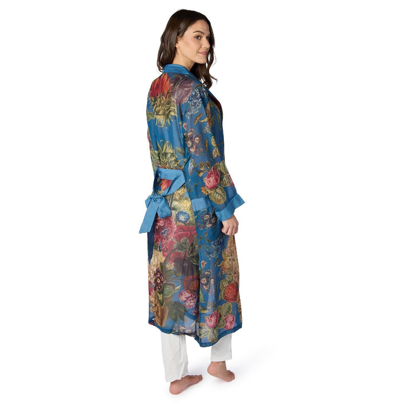 Primula Floral Print Silky Duster Robe in Teal on model back view