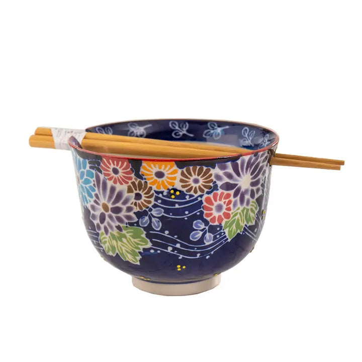 Asian Noodle Bowl with Chopsticks Set - Floral
