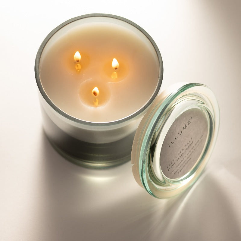 Statement Glass Triple Wick Lidded Candle Fresh Sea Salt Lifestyle Top View