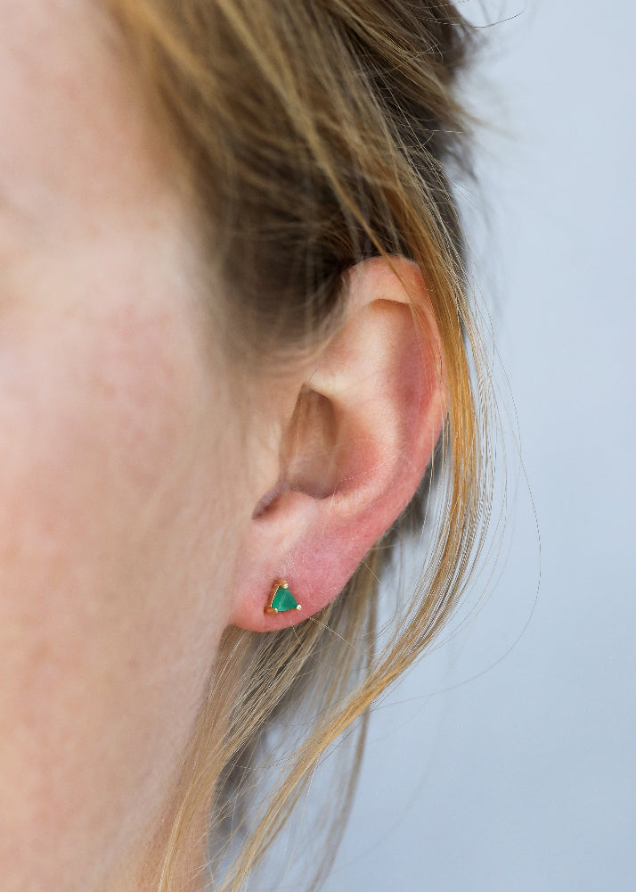 Mini Energy Gemstone Triangular Stud Earrings in Green Onyx on Model