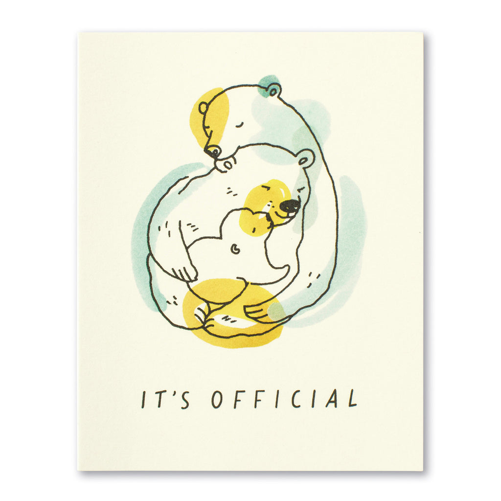 Baby Greeting Card - It's Official. Illustration shows bear parents hugging and embracing their baby bear cub.