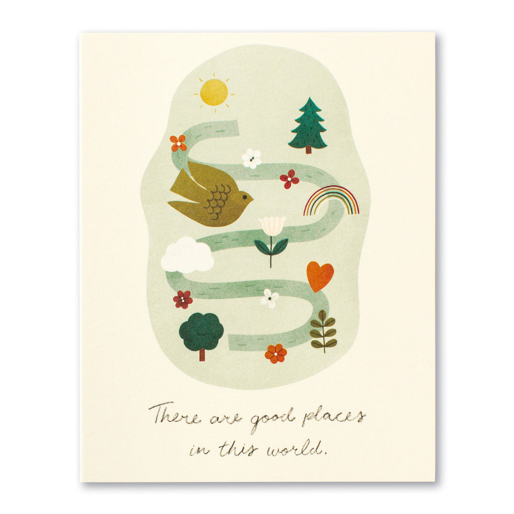 Thank You Greeting Card - There are Good Places in this World. Illustration shows a path leading through sunshine, trees, rainbows, flowers, love, and a peace dove bird.