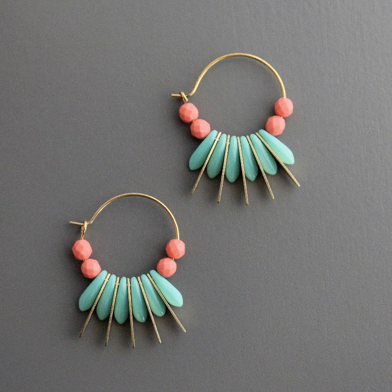 Coral & Turquoise Spear Hoop Earirngs
