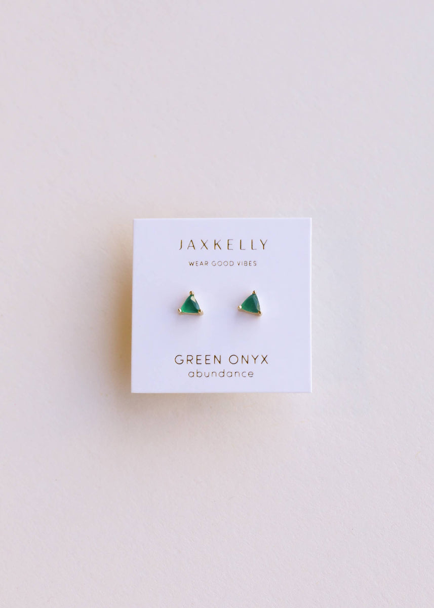 Mini Energy Gemstone Triangular Stud Earrings in Green Onyx on branded card