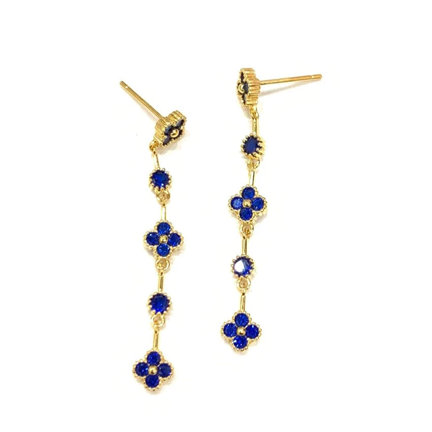 Audrey CZ Clover Drop 14K Gold Dangle Earrings - Blue Sapphire