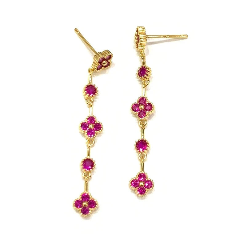 Audrey CZ Clover Drop 14K Gold Dangle Earrings - Ruby