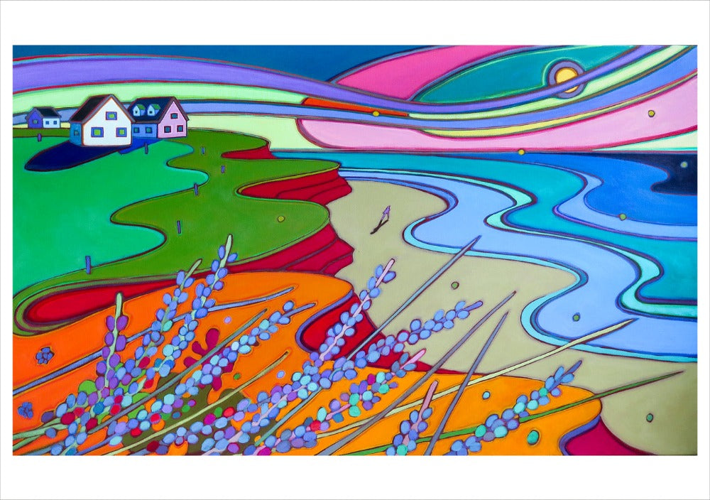 Darlene Kulig: Wanderlust Boxed Notecard Assortment Interior Style 3 - Beach Walk Pink and Pale Green Sunset Sky, 2017
