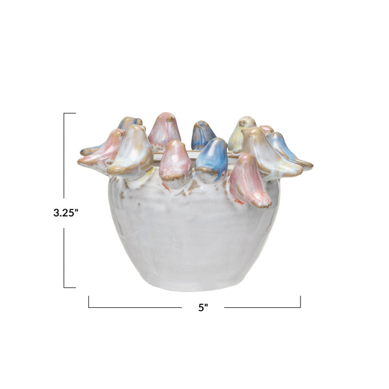 Birds on rim rustic colorful decorative stoneware planter with measurements shown