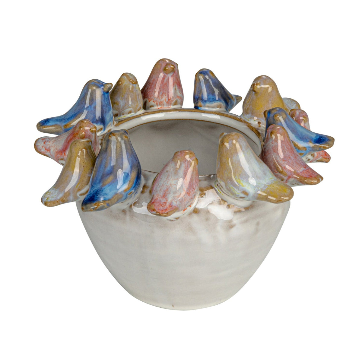 Ceramic planter pot with colorful birds around the rim in blues, reds, and yellows on a white base.