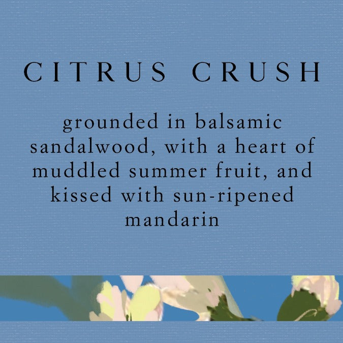 Citrus Crush Statement Glass Triple Wick Candle Fragrance Story - Grounded in balsamic sandalwood, with a heart of muddled summer fruit, and kissed with sun-ripened mandarin