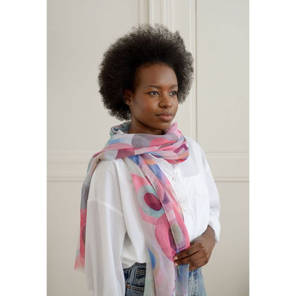 Overlapping Circle Collage Modern Print Lightweight Scarf in Pink on model side view