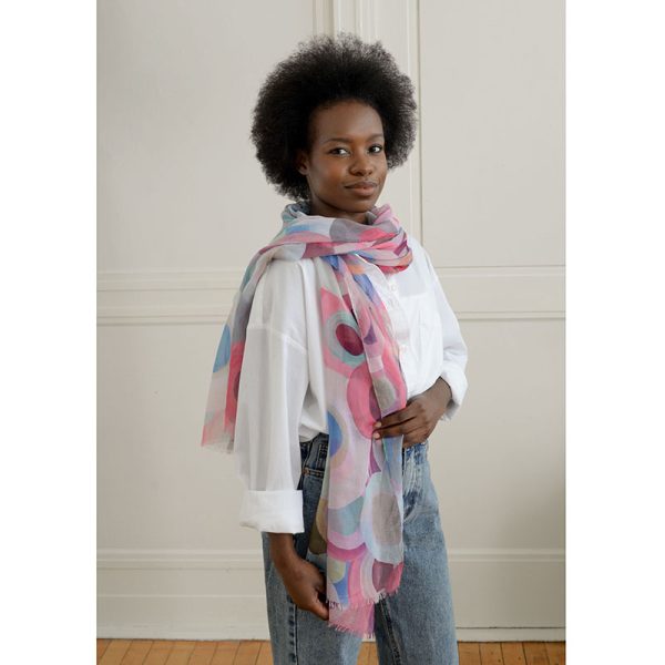 Overlapping Circle Collage Modern Print Lightweight Scarf in Pink on the model straight ahead