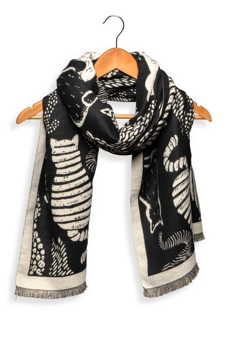 Reversible Abstract Printed Cats Scarf - Ivory/Black