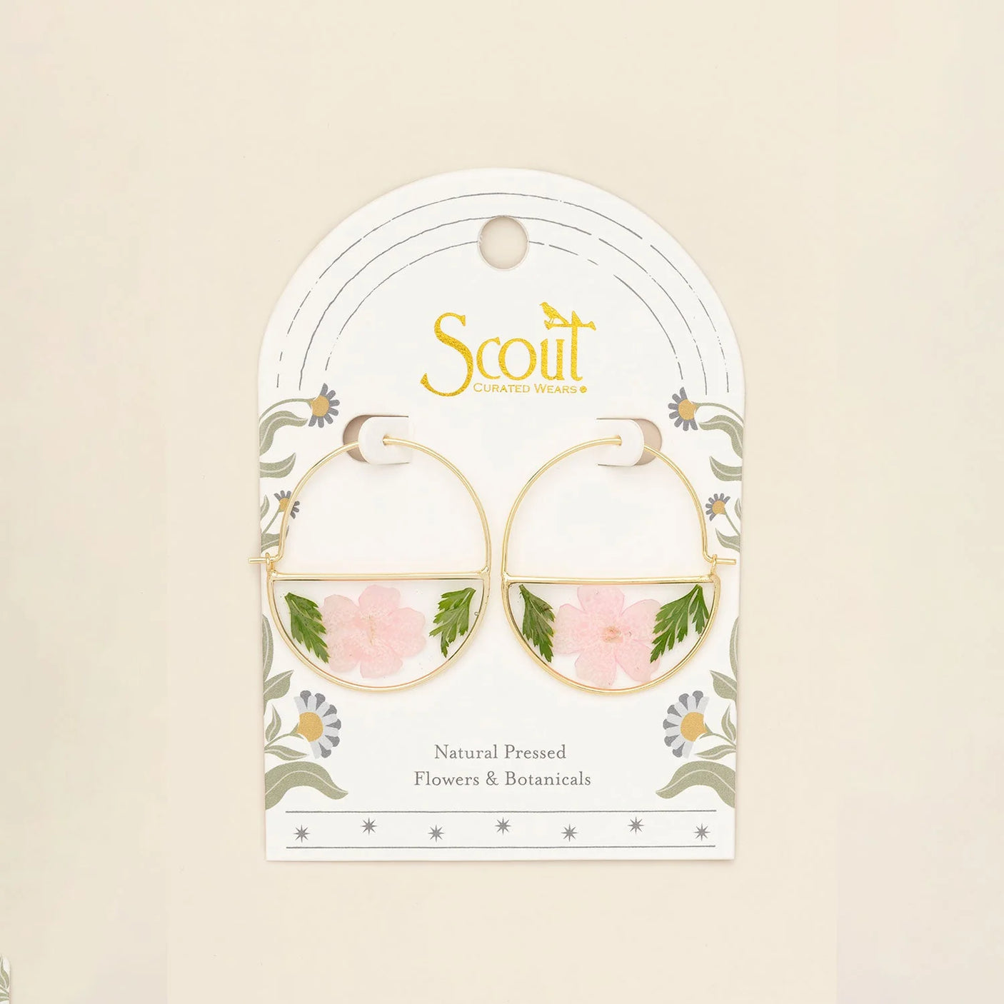 Pressed Flower Hoop Earrings - Gold - Pink Cherry Blossom