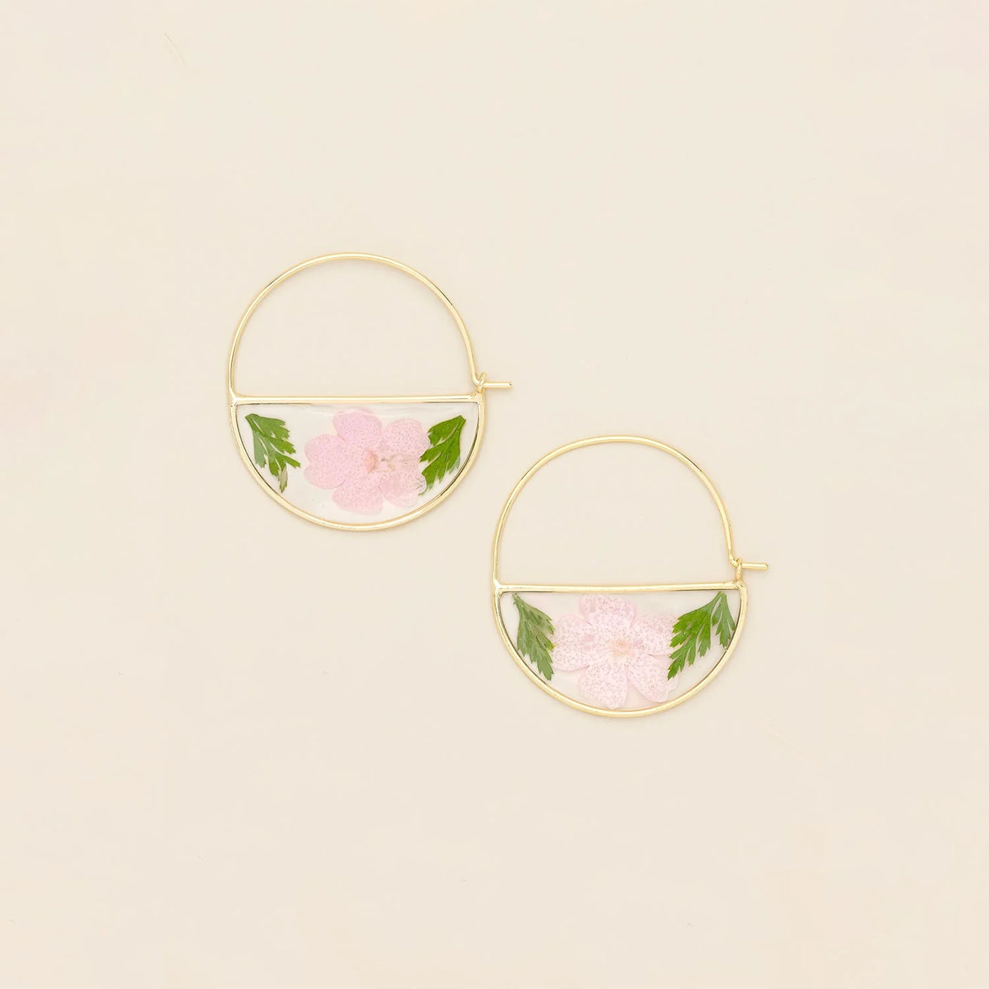 Pressed Flower Hoop Earrings - Gold - Pink Cherry Blossom