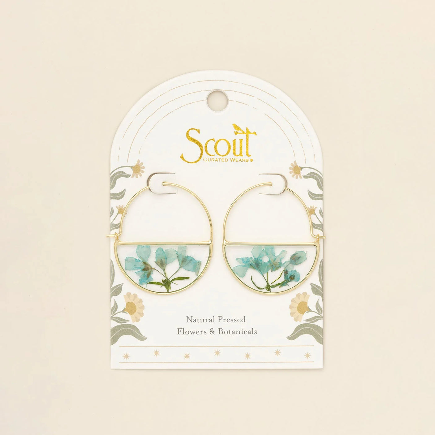 Pressed Flower Hoop Earrings - Gold - Blue Baby's Breath