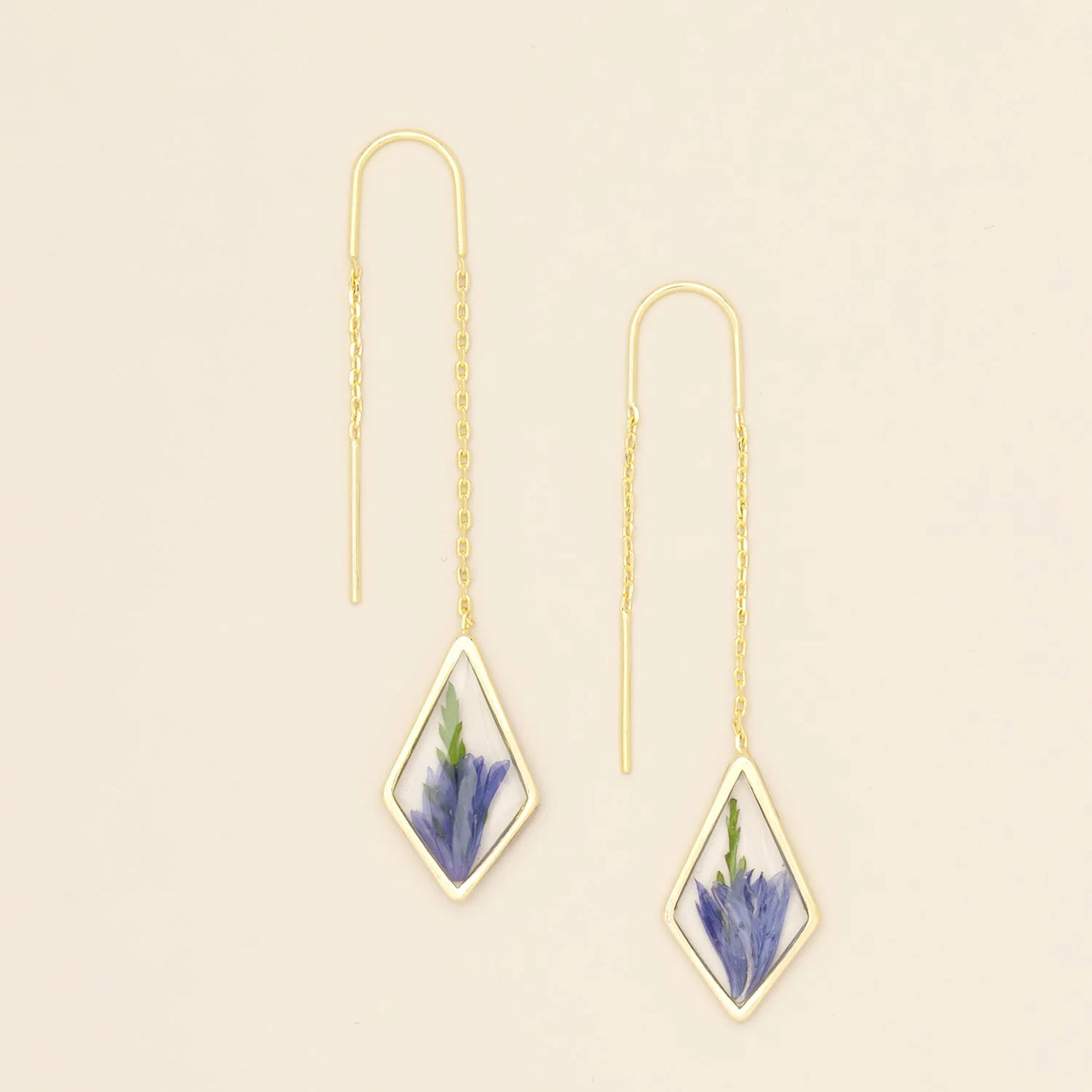 Pressed Flower Threader Earrings - Gold - Purple Cornflower