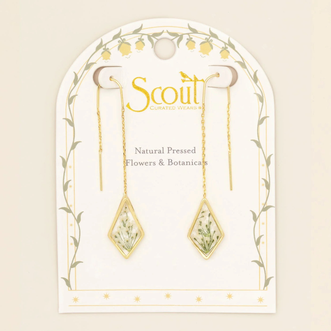 Pressed Flower Threader Earrings - Gold - White Lace Flower