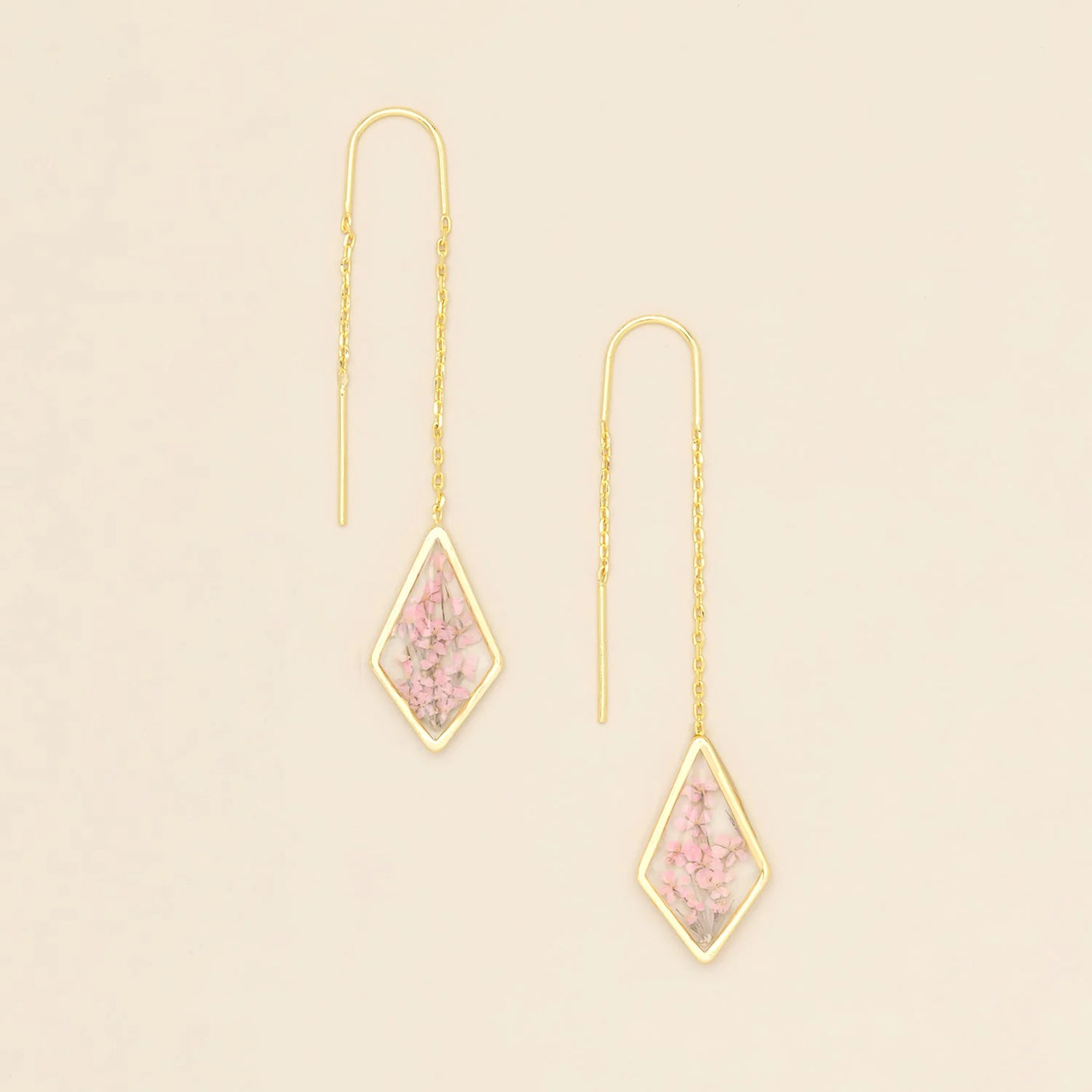 Pressed Flower Threader Earrings - Gold - Pink Lace Flower