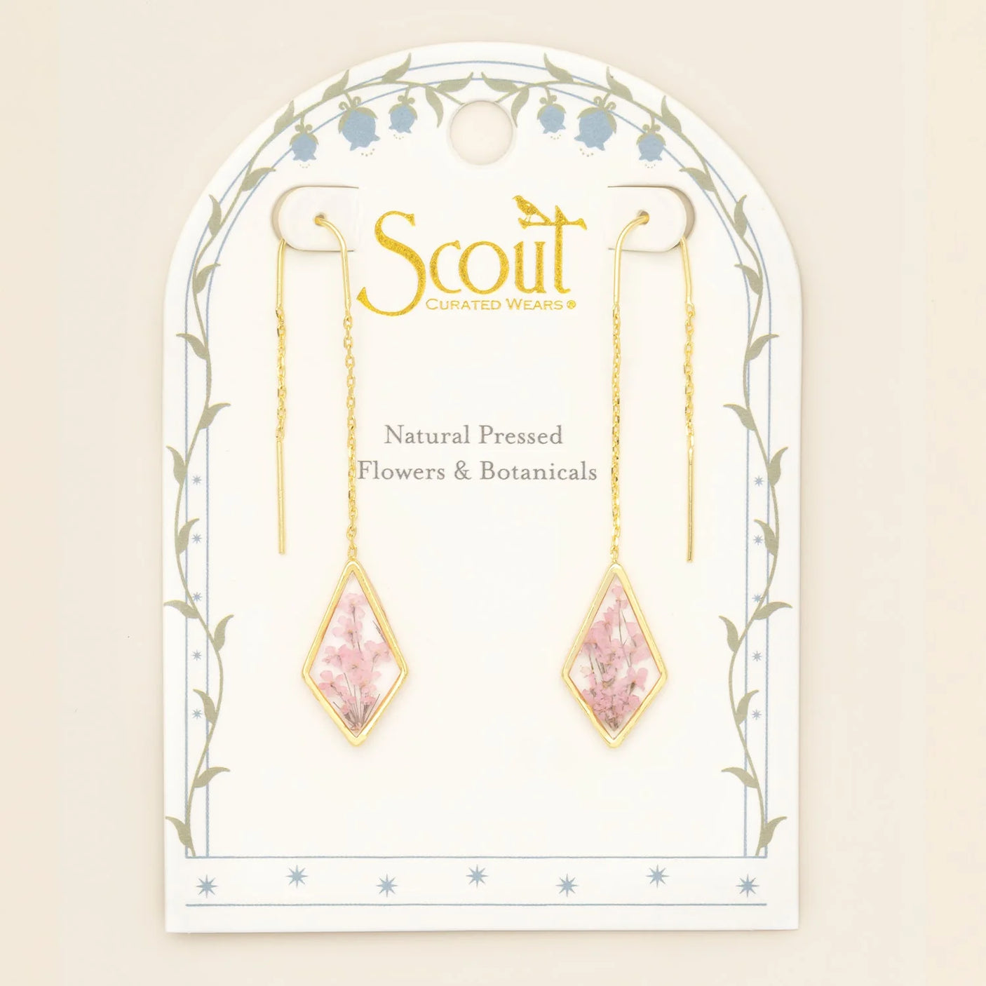 Pressed Flower Threader Earrings - Gold - Pink Lace Flower