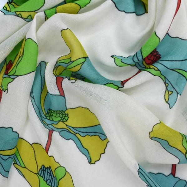 Garland Poppy Print Viscose Tassel Scarf - Green Detail