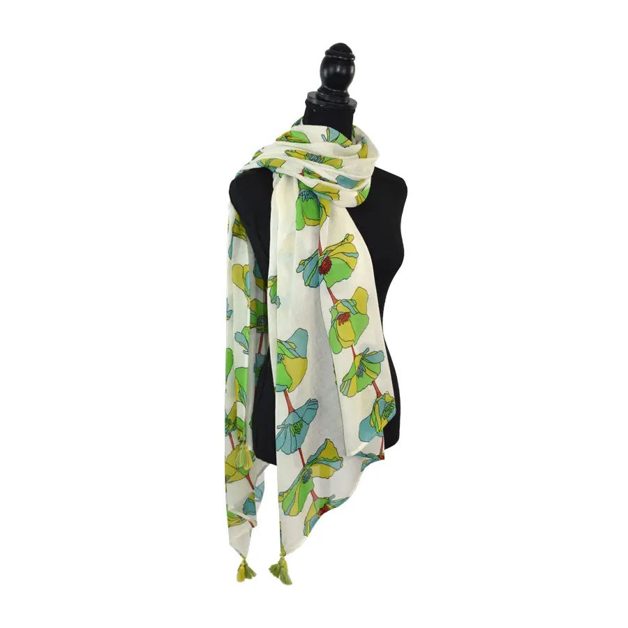 Garland Poppy Print Viscose Tassel Scarf - Green Model