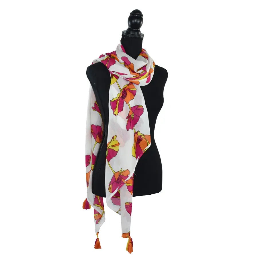Garland Poppy Printed Viscose Tassel Scarf - Pink Model