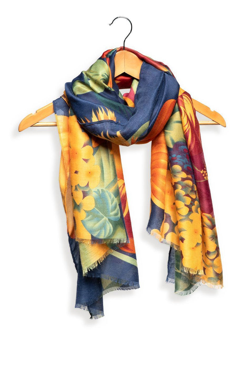 Vivid Floral Printed Scarf - Navy