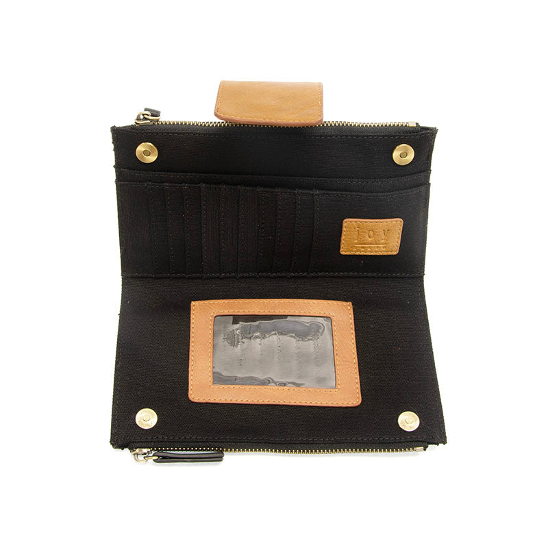 Black/Almond Colorblock Vegan Leather Cami Crossbody Featuring Hidden Credit Card Slots and Identification Window View