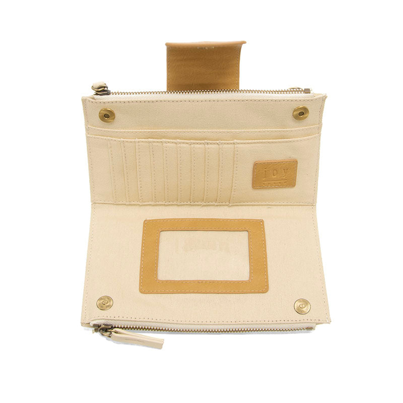White/Tan Colorblock Vegan Leather Cami Crossbody Featuring Hidden Credit Card Slots and Identification Window View