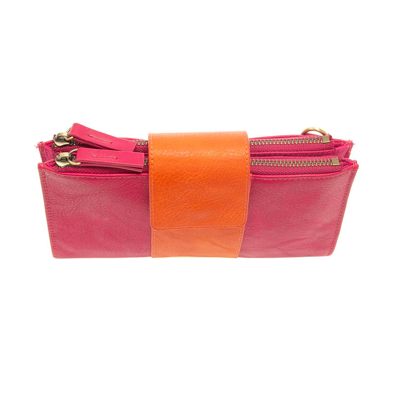 Colorblock Vegan Leather Cami Crossbody Fuchsia/Orange Top Zipper View