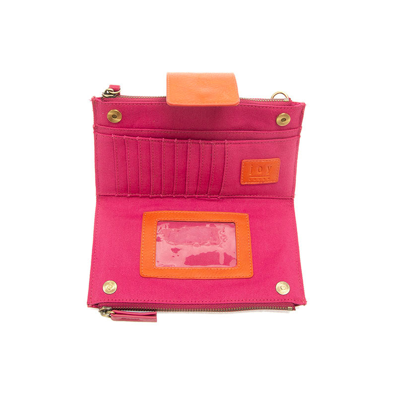 Fuchsia/Orange Colorblock Vegan Leather Cami Crossbody Featuring Hidden Credit Card Slots and Identification Window View