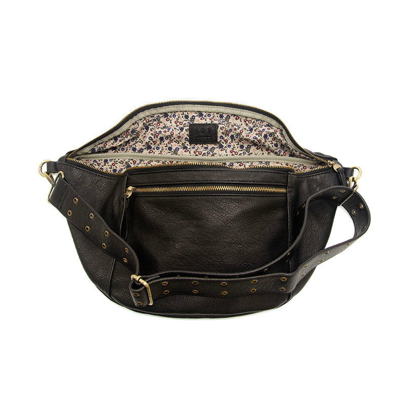 Vegan Leather Mel Large Sling Bag Black Floral Interior Lining