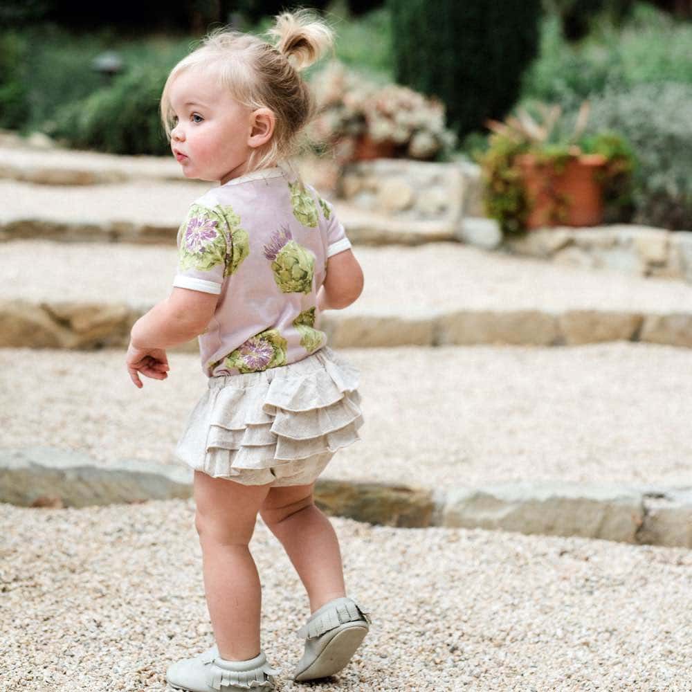 Organic Ruffle Baby Bloomer - Grey Pinstripe Lifestyle