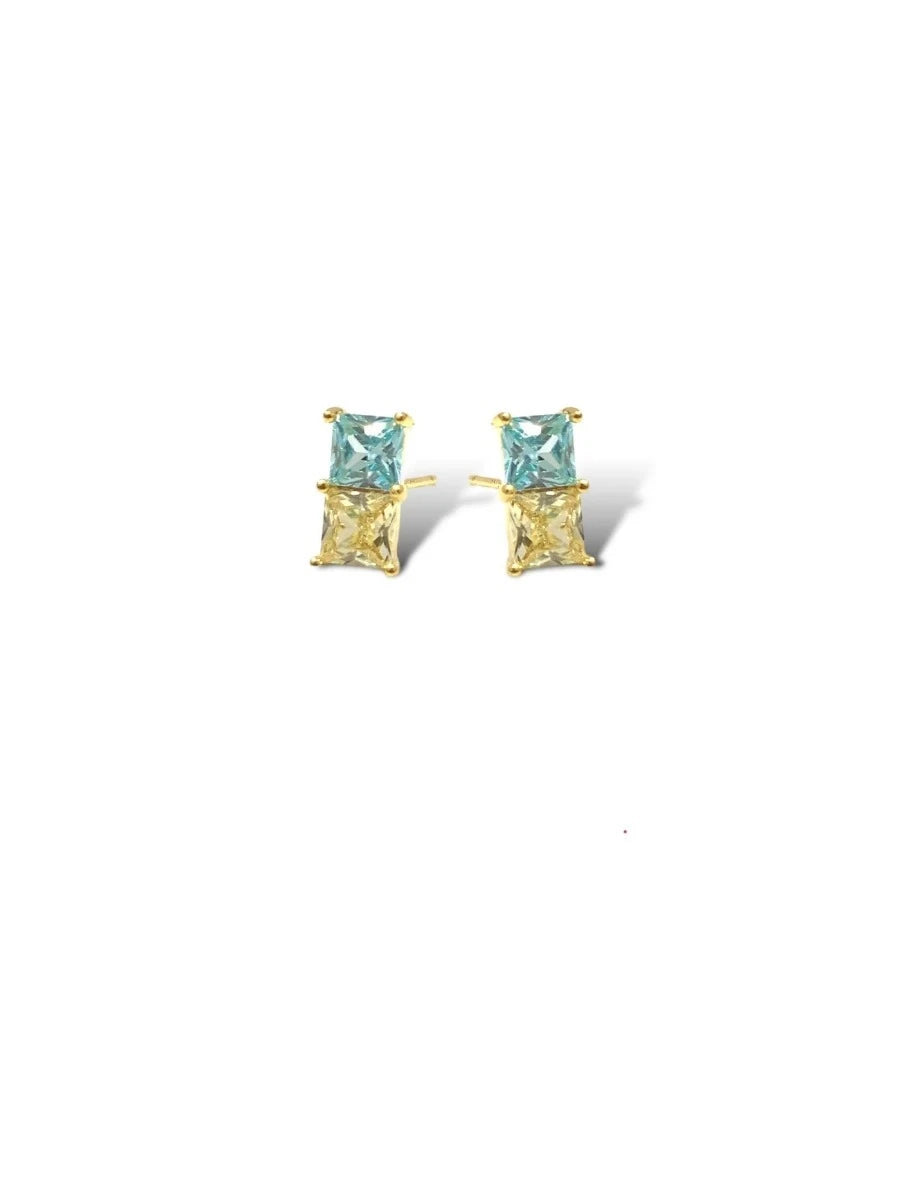 Princess Cut CZ Crystal Aurora Stud Earrings - Blue/Yellow