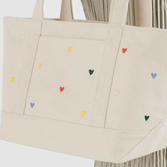 Small Heavyweight Canvas Boat Tote - Embroidered Hearts