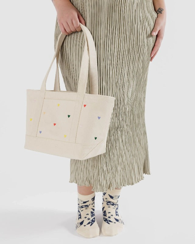 Small Heavyweight Canvas Boat Tote - Embroidered Hearts