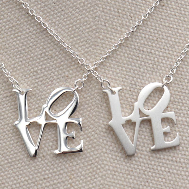 Sterling Silver LOVE Necklace Large Pendant Finish Comparison Brushed and Polished