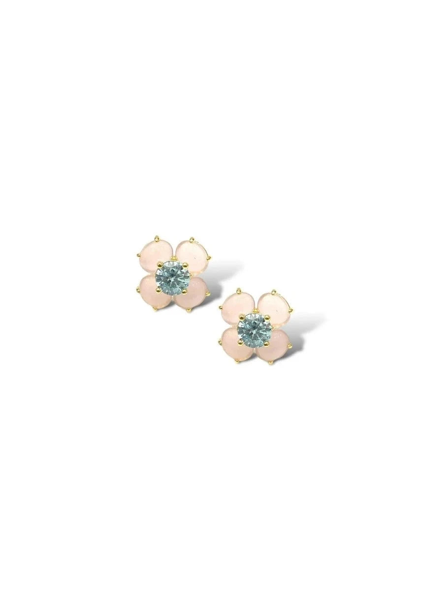 Thalia Flower CZ Stud Earrings - Rose Quartz & Blue Topaz
