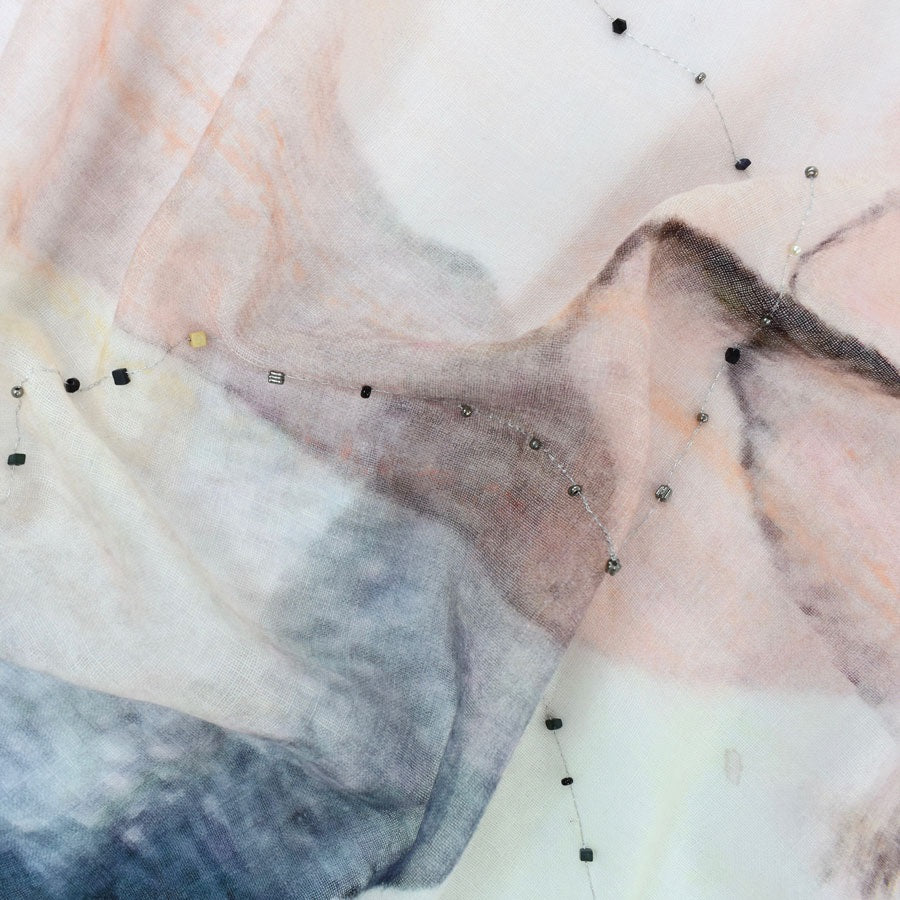 Whimsical Embroidered Lightweight Wool Scarf - Pink Detail