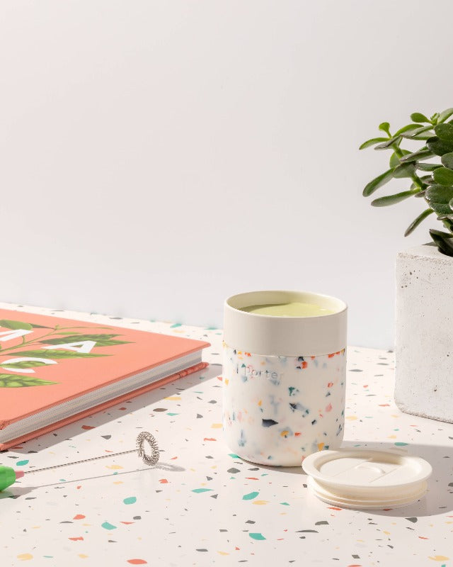 Portable Ceramic Mug With Drink Through Lid - 12oz Cream Terrazzo Lifestyle