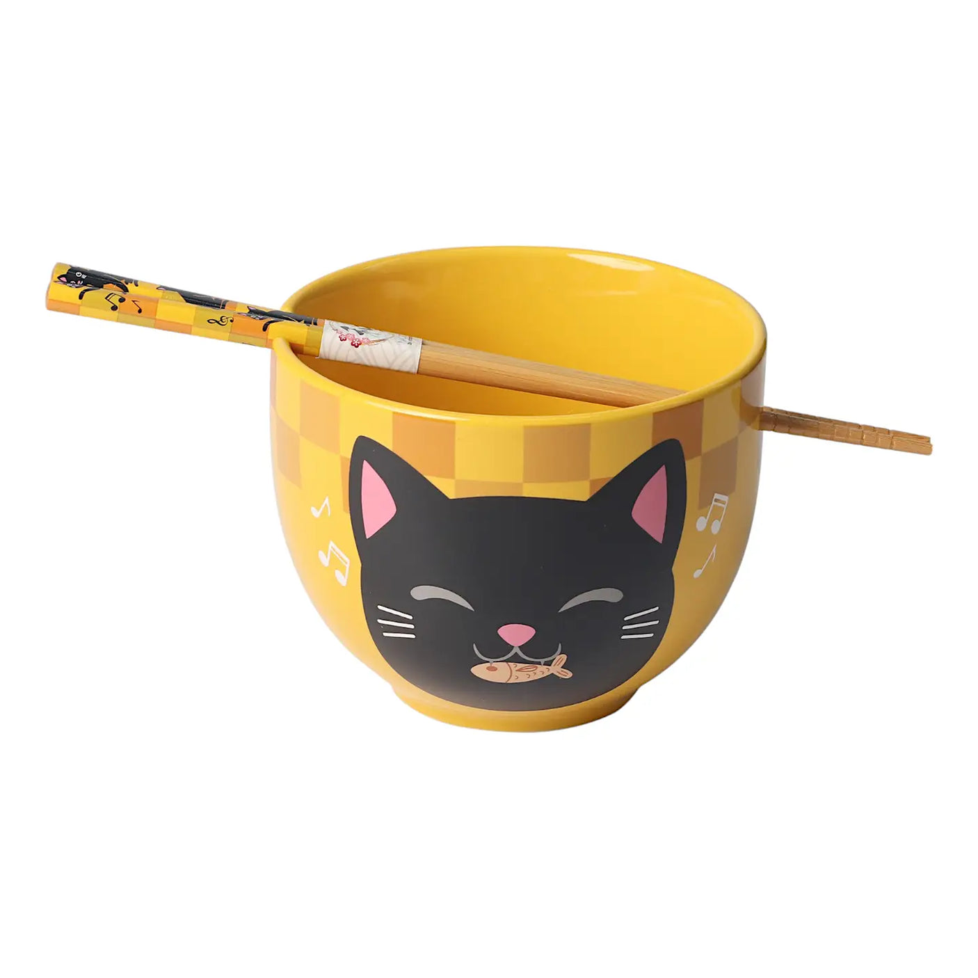 Japanese Noodle Bowl with Chopsticks Set - Neko Yellow