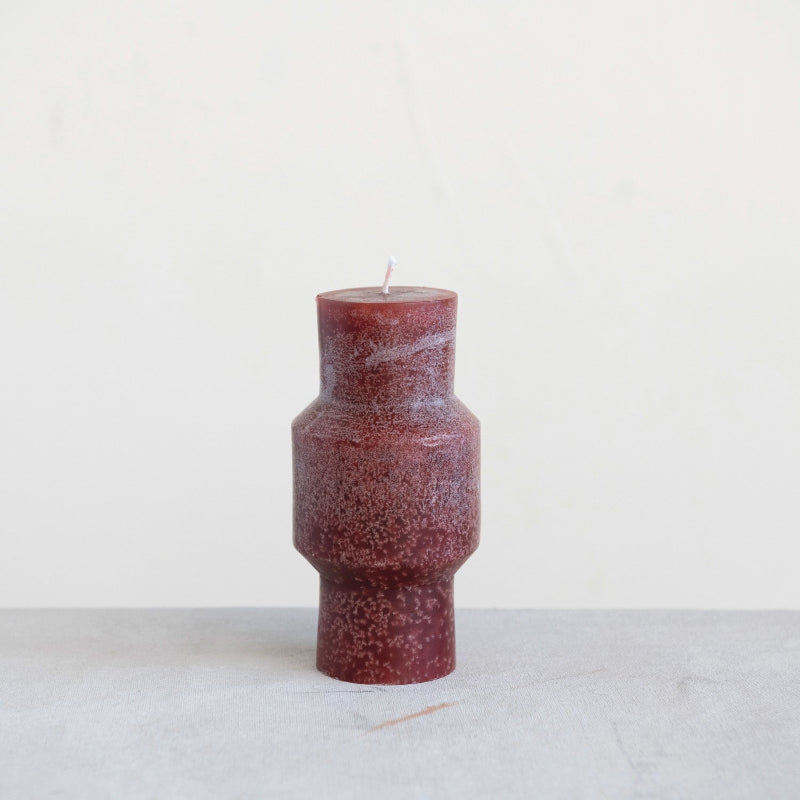 Unscented Sculpted Totem Pillar Candle 6" H in Cabernet Red Lifestyle