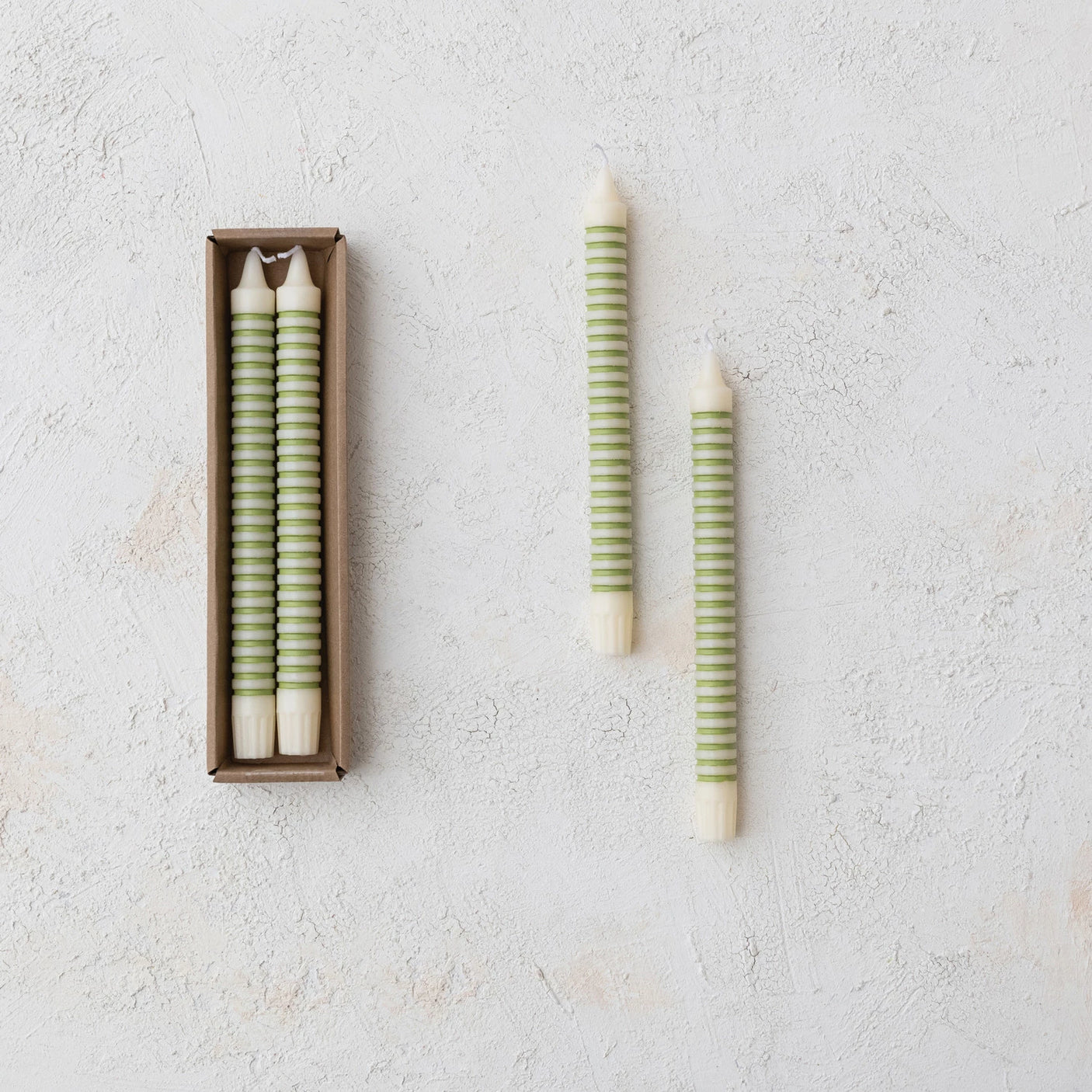 Striped Unscented Taper Candles Boxed Set of 2 - Green