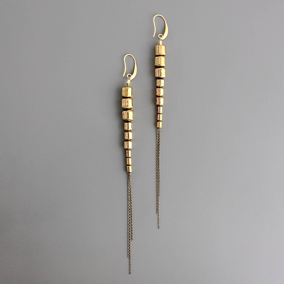 Gold Hematite Long Chain Earrings